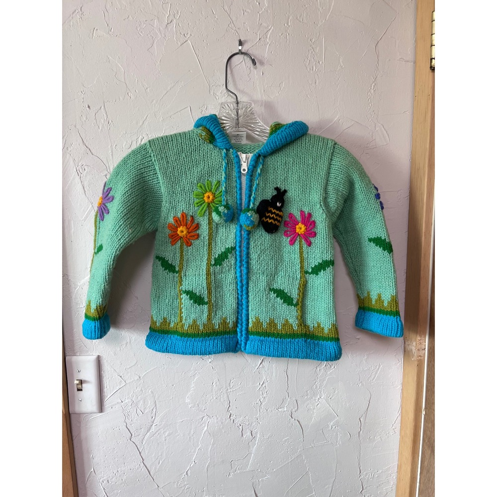 World of Wool Kids Handknit Cotton Wool Floral Bee Pixie Hood Zip Sweater M
